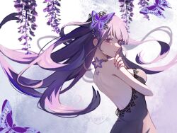 Rule 34 | 1girl, bare back, bare shoulders, black choker, blunt bangs, bug, butterfly, chinese commentary, choker, dress, flower, genshin impact, hair flowing over, hair ornament, hello3393795, highres, holding own arm, hydrangea, insect, long hair, looking back, mitsudomoe (shape), mole, mole under eye, purple background, purple dress, purple eyes, purple flower, purple hair, raiden shogun, solo, tomoe (symbol)