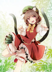 Rule 34 | 1girl, animal ears, bad id, bad pixiv id, bow, bowtie, bright pupils, brown hair, cat ears, cat girl, cat tail, chen, earrings, fangs, green hat, hat, jewelry, leaf, mob cap, multiple tails, nanamiyuki, open mouth, red eyes, single earring, smile, solo, tail, touhou, two tails, yellow bow, yellow bowtie