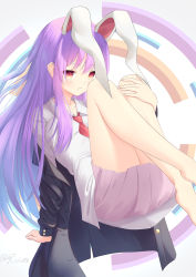 Rule 34 | 1girl, :3, animal ears, arm support, artist name, barefoot, black jacket, blush, breasts, closed mouth, collarbone, commentary request, dress shirt, extra ears, feet out of frame, floating, hand on own knee, highres, jacket, leaning back, legs up, light smile, long hair, looking at viewer, necktie, off shoulder, purple hair, rabbit ears, raimeso235, red eyes, red necktie, reisen udongein inaba, shirt, simple background, small breasts, solo, touhou, very long hair, white background, white shirt, wing collar, ||/
