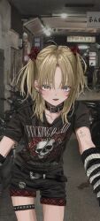 Rule 34 | 1girl, absurdres, ahoge, arm warmers, belt, black shirt, black shorts, blonde hair, choker, collarbone, cropped arms, cropped legs, cross tattoo, ear piercing, earrings, gishiki (gshk), hair ribbon, highres, jewelry, looking at viewer, original, outstretched arms, photo background, piercing, ribbon, shirt, shorts, skull print, smiley face, twintails