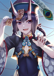 Rule 34 | 1girl, absurdres, black dress, blush, bob cut, braid, braided hair rings, breasts, chinese clothes, cleavage cutout, clothing cutout, dress, eyeliner, fang, fate/grand order, fate (series), fingernails, hair rings, hat, heroic spirit festival outfit, highres, horns, jiangshi, long fingernails, long sleeves, looking at viewer, makeup, ofuda, oni, open mouth, purple eyes, purple hair, qingdai guanmao, sawwei005, short hair, shuten douji (fate), shuten douji (festival outfit) (fate), side slit, skin-covered horns, skin fang, small breasts, smile, twin braids, wide sleeves