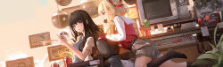 Rule 34 | 2girls, :o, absurdres, alternate costume, belt, black hair, black socks, blonde hair, book, breasts, cactus, can, casual, chair, controller, from side, game controller, grey skirt, hair ribbon, highres, holding, holding controller, holding game controller, indoors, inoue takina, keyboard (computer), looking at another, lycoris recoil, miniskirt, multiple girls, nishikigi chisato, no shoes, office chair, one side up, picture frame, plant, pleated skirt, potted plant, purple eyes, red eyes, red ribbon, ribbon, sailor collar, short hair, skirt, socks, sticky note, swivel chair, xiaoshan jiang