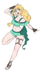 Rule 34 | 1girl, absurdres, bare legs, bare shoulders, bikini, black gloves, blonde hair, breasts, commentary, english commentary, fingerless gloves, fire emblem, fire emblem: three houses, fire emblem heroes, full body, gloves, green bikini, green eyes, green shorts, grimmelsdathird, highres, ingrid brandl galatea, long hair, looking at viewer, medium breasts, navel, nintendo, off-shoulder bikini, off shoulder, official alternate costume, open mouth, sandals, short shorts, short sleeves, shorts, simple background, smile, solo, stomach, swimsuit, thighs, very long hair, white background