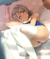 Rule 34 | 1girl, ass, bed, blue eyes, blush, breasts, brown hair, cleavage, competition swimsuit, facing viewer, looking at viewer, love live!, love live! sunshine!!, medium breasts, one-piece swimsuit, ponnu (nikeytina), short hair, smile, solo, swimsuit, thighhighs, watanabe you