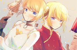 Rule 34 | 1girl, 2girls, alternate hair length, alternate hairstyle, asymmetrical gloves, blonde hair, blue eyes, chinese clothes, closed mouth, collarbone, cosplay, dress, edna (tales), edna (tales) (cosplay), gintama, gloves, hair between eyes, highres, kagura (gintama), long hair, looking at viewer, multiple girls, off shoulder, ribbon, short dress, single glove, sitting, sleeveless, sleeveless dress, sundress, tales of (series), tales of zestiria, umbrella, white dress