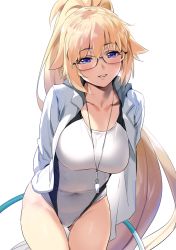 Rule 34 | 1girl, absurdres, arms behind back, bespectacled, blonde hair, blue eyes, blue jacket, breasts, collarbone, competition swimsuit, cowboy shot, fate/grand order, fate (series), glasses, gluteal fold, hair between eyes, high ponytail, highres, hoop, hula hoop, jacket, jeanne d&#039;arc (fate), jeanne d&#039;arc (ruler) (fate), jeanne d&#039;arc (swimsuit archer) (fate), jeanne d&#039;arc (swimsuit archer) (second ascension) (fate), large breasts, leaning forward, long hair, long sleeves, looking at viewer, one-piece swimsuit, open clothes, open jacket, parted lips, ponytail, rimless eyewear, scan, simple background, smile, solo, swimsuit, thigh gap, track jacket, very long hair, whistle, whistle around neck, white background, white one-piece swimsuit, yd (orange maru)