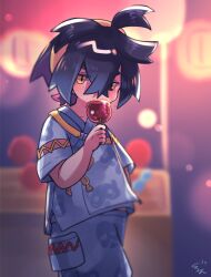 Rule 34 | 1boy, ahoge, black hair, blurry, blurry background, blush, candy apple, child, colored inner hair, commentary request, creatures (company), crossed bangs, eating, eyebrows hidden by hair, food, game freak, gurumin (gurruguru), hair between eyes, hair ornament, hairband, hand up, holding, japanese clothes, jinbei (clothes), kieran (pokemon), looking at viewer, male focus, medium hair, mole, mole on neck, multicolored hair, neck, night, nintendo, official alternate costume, outdoors, pokemon, pokemon sv, purple hair, shirt, short hair, short sleeves, shorts, sidelocks, solo, traditional clothes, two-tone hair, white shirt, white shorts, wide sleeves, yellow eyes, yellow hairband