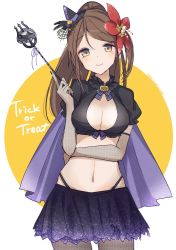 Rule 34 | 1girl, amagi (kancolle), black panties, black pantyhose, black shirt, black skirt, blouse, breasts, brown eyes, brown hair, cleavage, cleavage cutout, clothing cutout, commentary request, cowboy shot, crop top, dress, elbow gloves, flower, gloves, grey gloves, hair flower, hair ornament, halloween, hat, high ponytail, highleg, highleg panties, kantai collection, large breasts, long hair, looking at viewer, panties, pantyhose, pleated dress, polearm, shirt, sidelocks, skirt, solo, trident, underwear, weapon, wide ponytail, witch hat, yamashichi (mtseven)