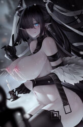 Rule 34 | 1girl, absurdres, arknights, arm strap, bare shoulders, belt, binggong asylum, black gloves, black hair, blue eyes, breasts, candle, character request, demon horns, detached sleeves, earrings, gloves, hair over one eye, highres, holding, holding candle, horns, huge breasts, index finger raised, jacket, jacket partially removed, jewelry, lactation, long hair, nipples, paid reward available, pointy ears, single earring, solo, sweat, thighhighs