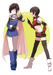Rule 34 | 1boy, 1girl, belt, black hair, black thighhighs, boots, breasts, brother and sister, cape, choker, earrings, elbow gloves, frills, gloves, jewelry, leon magnus, midriff, open mouth, pants, purple eyes, rutee katrea, shoes, short hair, short shorts, shorts, siblings, tales of (series), tales of destiny, thighhighs