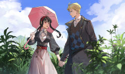 Rule 34 | 1boy, 1girl, absurdres, beishang yutou, black coat, black hair, black sweater, blonde hair, blue sky, breasts, cloud, coat, collared shirt, couple, day, dress shirt, green eyes, grey pants, grey skirt, hairband, hand in pocket, hetero, highres, holding, holding hands, holding umbrella, jewelry, long skirt, medium breasts, necklace, open clothes, open coat, outdoors, pants, parted lips, pink umbrella, profile, red eyes, red hairband, shirt, short hair, short hair with long locks, sidelocks, skirt, sky, spy x family, standing, sweater, twilight (spy x family), umbrella, white shirt, wing collar, yor briar