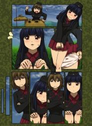 Rule 34 | 10s, angry, ankle boots, bad id, bad pixiv id, black footwear, black hair, black hat, black jacket, black legwear, blue eyes, blunt bangs, blush, boots, brown hair, bug, butterfly, closed mouth, clothes lift, colored pencil (medium), comic, crossed arms, day, dress shirt, extra, flying sweatdrops, frown, fume, garrison cap, girls und panzer, grass, hat, have to pee, insect, jacket, kuromorimine military uniform, long hair, long sleeves, looking at another, military, military hat, military uniform, miniskirt, outdoors, panties, panty pull, parted lips, pleated skirt, purple eyes, red shirt, red skirt, shirt, short hair, shouting, skirt, skirt lift, socks, squatting, standing, tank cupola, tearing up, toyomaru, traditional media, trembling, underwear, uniform, wavy mouth, white panties