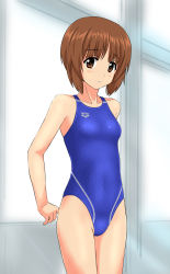 Rule 34 | 10s, 1girl, arena (company), arms behind back, bad id, bad pixiv id, blue one-piece swimsuit, breasts, brown eyes, brown hair, competition swimsuit, cowboy shot, girls und panzer, highres, looking at viewer, nishizumi miho, one-piece swimsuit, short hair, small breasts, solo, standing, swimsuit, takafumi, window