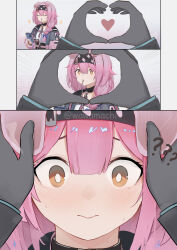 Rule 34 | 1girl, 1other, :3, ?, absurdres, animal ears, arknights, black choker, black hairband, blue bow, blush, bow, braid, cat ears, cat girl, cellphone, charging device, choker, closed eyes, closed mouth, doctor (arknights), gloves, goldenglow (arknights), green eyes, grey gloves, grey jacket, hair bow, hairband, heart, heart hands, highres, holding, holding phone, jacket, lightning bolt print, long hair, long sleeves, mouth hold, open clothes, open jacket, orange eyes, phone, pink hair, pink jacket, shirt, simple background, single braid, smartphone, two-tone eyes, upper body, wawamachi (wawamachis), white background, white shirt