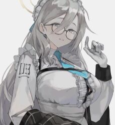 Rule 34 | 1girl, akane (blue archive), apron, blue archive, breasts, dress, frilled apron, frills, glasses, gloves, grey background, grey eyes, grey hair, hair between eyes, halo, highres, kawatiw, large breasts, long hair, long sleeves, looking at viewer, maid, maid headdress, parted lips, shawl, simple background, solo, upper body, very long hair, white apron, white dress, white gloves