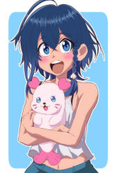 Rule 34 | 1girl, :d, ahoge, aqua shorts, bare arms, bare shoulders, blouse, blue background, blue eyes, blue hair, blush, border, braid, commentary request, creature, crossover, hair between eyes, holding, holding creature, kururun (precure), looking at viewer, midriff, misakino kukuru, musshu, name connection, navel, open mouth, outline, outside border, precure, round teeth, seal (animal), shell hair ornament, shiroi suna no aquatope, shirt, short hair, shorts, side braid, simple background, sleeveless, sleeveless shirt, smile, teeth, tropical-rouge! precure, upper body, upper teeth only, white border, white outline, white shirt