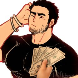 Rule 34 | 1boy, bara, beard stubble, black hair, bracelet, facial hair, hand up, highres, holding, holding money, jewelry, large pectorals, light blush, lucas lee, male focus, male prostitution, money, muscular, muscular male, one eye closed, pectorals, photo inset, sanpaku, scott pilgrim (series), scratching head, shirt, short hair, sideburns, solo focus, stubble, sweatdrop, t-shirt, thick eyebrows, thinking, tight clothes, tight shirt, toragoru, upper body