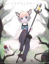 Rule 34 | 1girl, ahoge, animal ears, arknights, artist name, bag, between toes, black pantyhose, blue eyes, blush, character name, cloak, closed mouth, copyright name, dated, feet, foreshortening, fox ears, fox girl, gloves, grass, highres, holding, holding staff, looking at viewer, pale skin, pantyhose, pink hair, shoes, unworn shoes, short hair, sitting, sneakers, soles, solo, staff, sussurro (arknights), syringe, toes, tree, tsukibara, white cloak, white gloves