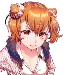 Rule 34 | 1girl, animal print, breasts, character request, cleavage, collarbone, collared shirt, fang, hair between eyes, hair ornament, hair scrunchie, ikezaki misa, leopard print, lips, long sleeves, matching hair/eyes, orange eyes, orange hair, scrunchie, shirt, short hair, simple background, solo, upper body, white background, white shirt