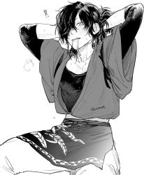 Rule 34 | 1boy, adjusting hair, apron, arms behind head, black shirt, blush, commentary request, fate/grand order, fate/type redline, fate (series), feet out of frame, greyscale, hair over one eye, hair tie, hair tie in mouth, hot, japanese clothes, koha-ace, long hair, long sleeves, looking at viewer, male focus, monochrome, mouth hold, official alternate costume, okada izou (fate), pants, ponytail, seiza, shirt, simple background, sitting, solo, sweat, twitter username, tying hair, waist apron, white background, wide sleeves, wnut