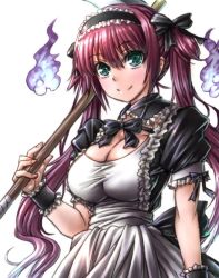 Rule 34 | 1girl, airi (queen&#039;s blade), airi (queen's blade), airi (the infernal temptress), amania orz, bow, breasts, cleavage, green eyes, hair ribbon, large breasts, long hair, maid, maid headdress, puffy short sleeves, puffy sleeves, queen&#039;s blade, red hair, ribbon, scythe, short sleeves, simple background, solo, twintails, upper body, white background