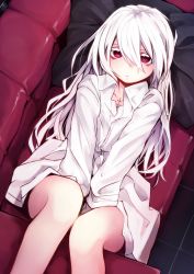 Rule 34 | 1girl, albino, bags under eyes, colored eyelashes, couch, dress shirt, long hair, looking at viewer, lying, on back, original, otokuyou, pillow, red eyes, shiroi ko (haegiwa), shiroi ko (otokuyou), shirt, solo, stitches, colored eyelashes, white hair