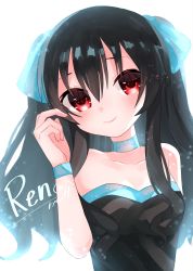 Rule 34 | absurdres, armband, bare shoulders, black hair, breasts, choker, dress, highres, long hair, neptune (series), rairai vortext, red eyes, ribbon, small breasts, smile, tsundere, twintails, two side up, uni (neptunia)