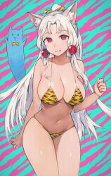 Rule 34 | 1girl, animal, animal ear fluff, animal ears, animal print, babayaga 13lood, beads, bikini, blush, bow, bowtie, breasts, cleavage, fox ears, hair beads, hair ornament, hair ribbon, highres, large breasts, long hair, looking at viewer, open mouth, ponytail, red eyes, ribbon, simple background, solo, swimsuit, tiger print, touhoku itako, very long hair, voiceroid, white hair