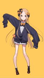 Rule 34 | 1girl, abigail williams (fate), black bow, black jacket, black socks, blue eyes, bow, brown footwear, collared shirt, dress shirt, fate/grand order, fate (series), forehead, full body, hair bow, highres, jacket, light brown hair, loafers, long hair, long sleeves, looking at viewer, multiple hair bows, orange bow, outstretched arms, parted bangs, parted lips, pleated skirt, polka dot, polka dot bow, shirt, shoes, simple background, skirt, sleeves past fingers, sleeves past wrists, socks, solo, standing, stuffed animal, stuffed toy, teddy bear, very long hair, white shirt, white skirt, yellow background, yuu (higashi no penguin)