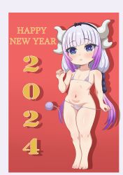 Rule 34 | 1girl, 2024, absurdres, bare legs, barefoot, bikini, bikini pull, black bow, black hairband, blue eyes, blush, bow, bow hairband, cameltoe, chinese zodiac, cleft of venus, closed mouth, clothes pull, collarbone, doregene, dragon girl, dragon horns, dragon tail, feet, female focus, flat chest, groin, hairband, happy new year, heart, heart-shaped pupils, highres, horns, kanna kamui, kobayashi-san chi no maidragon, legs together, looking at viewer, multicolored hair, navel, new year, pulled by self, purple bikini, purple hair, solo, swimsuit, symbol-shaped pupils, tail, thighs, toes, two-tone hair, white horns, year of the dragon