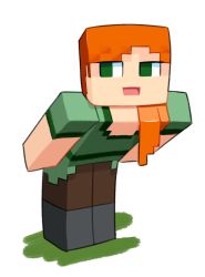 Rule 34 | 1other, alex (minecraft), bad id, bad twitter id, bent over, boots, brown pants, full body, green eyes, green shirt, hair over shoulder, highres, leaning forward, looking at viewer, looking to the side, minecraft, minuspal, open mouth, orange hair, pants, shirt, side ponytail, simple background, solo, standing