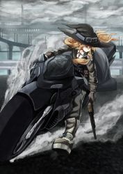 Rule 34 | 1girl, adapted costume, belt, belt pouch, black hat, black jacket, black pants, blonde hair, boots, bow, bridge, cloud, cloudy sky, collared shirt, contemporary, dust cloud, floating hair, gloves, goggles, goggles on headwear, grey footwear, grey gloves, grey jacket, grey sky, grey theme, guard rail, gun, hair bow, hair over shoulder, hair ribbon, handgun, hat, highres, holding, holding gun, holding weapon, jacket, kirisame marisa, kirisame tarou, left-handed, long hair, looking away, motor vehicle, motorcycle, outdoors, pants, pavement, pink bow, pouch, purple eyes, ribbon, riding, serious, shirt, side ponytail, sky, solo, touhou, tress ribbon, weapon, white shirt, witch hat