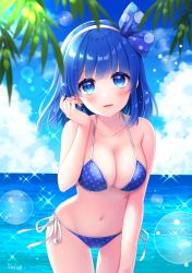 Rule 34 | 1girl, ao no rupika, artist name, beatmania, beatmania iidx, bikini, blue bikini, blue hair, blue ribbon, blurry, blush, breasts, cleavage, cloud, collarbone, commentary request, cowboy shot, day, depth of field, hair ribbon, hairband, head tilt, highres, large breasts, leaning forward, lens flare, looking at viewer, outdoors, parted lips, plant, polka dot, polka dot bikini, ribbon, side-tie bikini bottom, sky, smile, solo, sparkle, stardrop, swimsuit, water