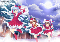 Rule 34 | 3girls, :d, adapted costume, alternate costume, animal ears, artist name, bow, brown eyes, brown hair, carrot necklace, carrying, cat ears, cat tail, chen, christmas, cirno, hair bow, hair ribbon, hat, ice, ice wings, inaba tewi, jewelry, jumping, looking at viewer, mittens, multiple girls, multiple tails, necklace, nekomata, open mouth, pendant, rabbit ears, red mittens, ribbon, running, santa hat, short hair, smile, snowing, tail, touhou, villyane, wings
