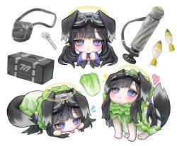 Rule 34 | 1girl, absurdres, adjustable wrench, ammunition, animal ears, animalization, bag, black hair, blue archive, blush, cabbage, chibi, closed mouth, dog, dog ears, dog girl, dog tail, eyewear on head, flying sweatdrops, goggles, goggles on head, grabbing own hair, hair bobbles, hair ornament, halo, happy, heart, hibiki (blue archive), highres, jiyuneva, long hair, long sleeves, looking at viewer, mortar (weapon), mortar shell, napa cabbage, purple eyes, sleeves past wrists, smile, tail, tongue, tongue out, twintails, wrench