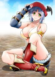 Rule 34 | 1girl, arm belt, armlet, bat wings, belt, bikini, bikini top only, black wings, blue gloves, blue hair, blue shorts, blush, boots, breasts, brick floor, brown belt, cleavage, closed mouth, commentary request, dated, elbow gloves, fingerless gloves, full body, gloves, green eyes, high heel boots, high heels, large breasts, looking at viewer, medium hair, ragnarok online, red footwear, red headwear, short shorts, shorts, signature, sitting, smile, solo, swimsuit, takaha momo, torn clothes, torn shorts, white bikini, whitesmith (ragnarok online), winged hat, wings