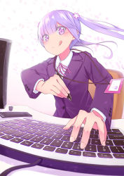 Rule 34 | 10s, 1girl, :q, blazer, blush, closed mouth, collared shirt, flower, formal, hair flower, hair ornament, highres, holding, holding pen, id card, jacket, keyboard (computer), light purple hair, long hair, long sleeves, looking at viewer, monitor, neck ribbon, new game!, pen, pink eyes, pink ribbon, revision, ribbon, shirt, smile, solo, stylus, suit, suzukaze aoba, tazaki hayato, tongue, tongue out, twintails, v-shaped eyebrows, white background, white shirt
