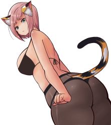Rule 34 | 1girl, :&lt;, alternate breast size, animal ear fluff, animal ears, ass, bare arms, bare shoulders, black bra, black pantyhose, bra, breasts, cat ears, cat girl, cat tail, cowboy shot, diona (genshin impact), from behind, frown, genshin impact, green eyes, highres, korean commentary, large breasts, looking at viewer, looking down, aged up, pantyhose, pink hair, rinsutachio, short hair, sideboob, simple background, solo, tail, tail raised, thick eyebrows, thick thighs, thighs, underwear, white background