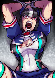 Rule 34 | 1girl, absurdres, black hair, blood, breasts, bruise, chain, chained, chained wrists, cleavage, covered navel, cuts, fortress maximus, genderswap, genderswap (mtf), hairband, highres, injury, large breasts, miniskirt, multicolored hair, open mouth, personification, ryuusei (mark ii), skirt, solo, spread legs, striped clothes, striped thighhighs, tears, teeth, thighhighs, torn clothes, transformers, two-tone hair, white hair