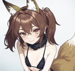 1girl animal_ears brown_eyes brown_hair closed_mouth fake_animal_ears fake_tail flat_chest fox_ears fox_tail fur_bikini fur_collar hair_between_eyes highres kantai_collection looking_at_viewer nito_(nshtntr) ryuujou_(kancolle) simple_background smile solo tail twintails upper_body white_background