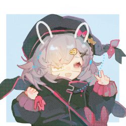 Rule 34 | 1girl, :d, arknights, black headwear, black jacket, blue background, rabbit hair ornament, drawn ears, eyepatch, grey hair, hair ornament, hairclip, hands up, highres, jacket, long sleeves, open mouth, popukar (arknights), puffy long sleeves, puffy sleeves, red eyes, shuiyixiaoya, sleeves past wrists, smile, solo, two-tone background, upper body, v, white background, x hair ornament