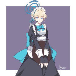 Rule 34 | 1girl, apron, black dress, black gloves, blue archive, blue bow, blue bowtie, blue eyes, bow, bowtie, breasts, bun cover, collared dress, cup, dress, earpiece, feet out of frame, fingerless gloves, gloves, hair bun, halo, holding, holding cup, long sleeves, looking at viewer, maid apron, maid headdress, microphone, pouch, short hair, signature, small breasts, solo, standing, suimz, toki (blue archive)