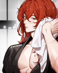 Rule 34 | 1boy, artist name, bathrobe, black robe, blurry, blurry background, blush, closed mouth, collarbone, commentary, crossed bangs, diluc (genshin impact), eriimyon, expressionless, genshin impact, hair between eyes, hair down, hand up, highres, holding, holding towel, indoors, long hair, looking at viewer, male focus, open clothes, pectoral cleavage, pectorals, red eyes, red hair, robe, scar, scar on arm, sidelocks, solo, symbol-only commentary, tile wall, tiles, towel, twitter username, upper body, wet, wet hair