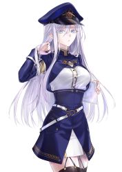 Rule 34 | 1girl, 86 -eightysix-, absurdres, black thighhighs, blue hat, breasts, feet out of frame, garter straps, grey eyes, grey hair, hand in own hair, hat, highres, holding, holding paper, long hair, long sleeves, looking at viewer, medium breasts, military, military hat, military uniform, open mouth, paper, parted lips, peaked cap, solo, standing, suprii, thighhighs, uniform, vladilena millize, white background
