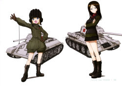 Rule 34 | 10s, 2girls, absurdres, black hair, black skirt, blonde hair, blue eyes, boots, brown gloves, copyright name, crossed arms, emblem, fang, girls und panzer, gloves, hand on own hip, helmet, highres, is-2, katyusha (girls und panzer), long hair, looking at viewer, military, military uniform, military vehicle, motor vehicle, multiple girls, nonna (girls und panzer), official art, open mouth, pleated skirt, pravda (emblem), short hair, simple background, skirt, t-34, tank, tank helmet, uniform, white background