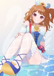 Rule 34 | 1girl, absurdres, aikatsu!, aikatsu! (series), bare shoulders, bird, blush, bow, brown hair, crown, detached sleeves, dress, earrings, feather trim, hair ornament, high heels, highres, jewelry, knee up, long hair, looking at viewer, mini crown, necklace, one side up, ozora akari, pink eyes, sash, short sleeves, smile, solo, strapless, strapless dress, swan, thigh strap, thighhighs, thighs, tiara, water, white thighhighs, yuzu0723