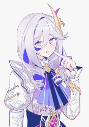 Rule 34 | 1girl, black skirt, blue eyes, blue hair, blush, character request, commentary, finger to cheek, grey background, grey hair, hair between eyes, hand up, hare (honkai impact), highres, honkai (series), honkai impact 3rd, juliet sleeves, long hair, long sleeves, looking at viewer, mi (27782900), multicolored hair, official alternate costume, parted lips, puffy sleeves, shirt, simple background, skirt, solo, two-tone hair, upper body, white shirt