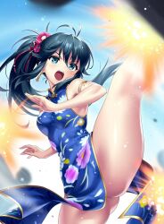 Rule 34 | 1girl, alternate costume, aqua eyes, battle, black hair, blush, china dress, chinese clothes, commentary request, commission, cowboy shot, dress, fighting stance, floral print, flower, gluteal fold, hair between eyes, hair flower, hair ornament, hip vent, kicking, kung fu, leg up, long hair, motion blur, no panties, open mouth, pink flower, ponytail, shiny skin, skeb commission, sleeveless, sleeveless dress, solo, teeth, thighs, toji no miko, upper teeth only, v-shaped eyebrows, yamashiro yui, zen (kamuro)