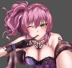 Rule 34 | 10s, 1girl, black gloves, braid, breasts, cleavage, crown braid, demio, finger to mouth, gloves, highres, idolmaster, idolmaster cinderella girls, idolmaster cinderella girls starlight stage, jougasaki mika, long hair, one eye closed, pink hair, side ponytail, simple background, solo, tattoo, yellow eyes