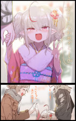 Rule 34 | 1other, 2girls, :d, blush, character request, grey hair, hair ornament, hands up, highres, holding hands, japanese clothes, kimono, looking at viewer, makaino ririmu, multicolored hair, multiple girls, nijisanji, obi, open mouth, pink eyes, pink kimono, pointy ears, purple sash, sash, smile, streaked hair, twintails, utsusumi kio, virtual youtuber